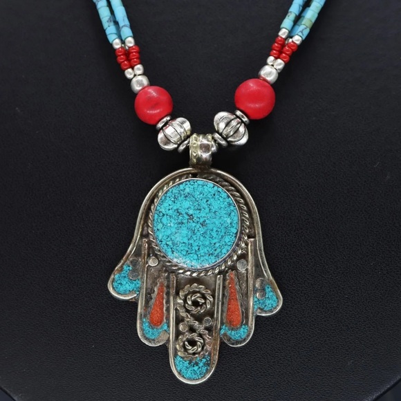Tibetan silver turquoise and coral Nepali necklace - Picture 5 of 8